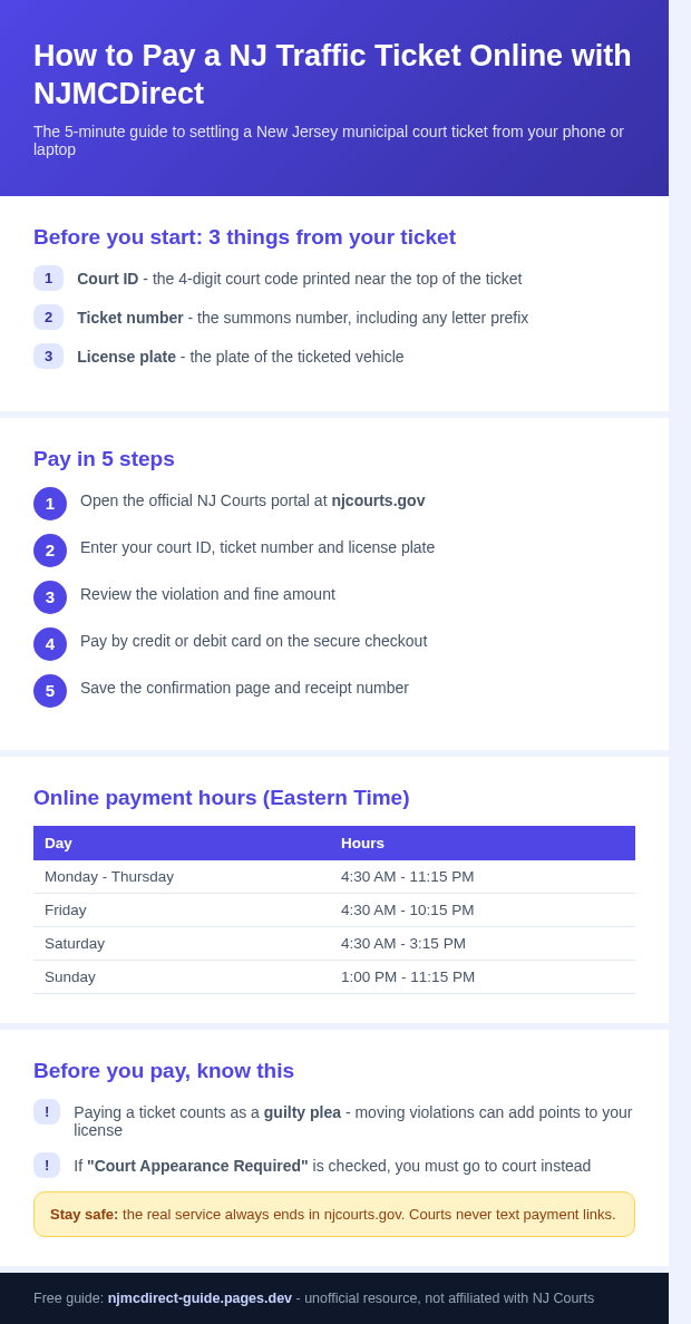 NJMCDirect infographic: what you need, 5 steps to pay a NJ ticket online, payment hours and safety tips